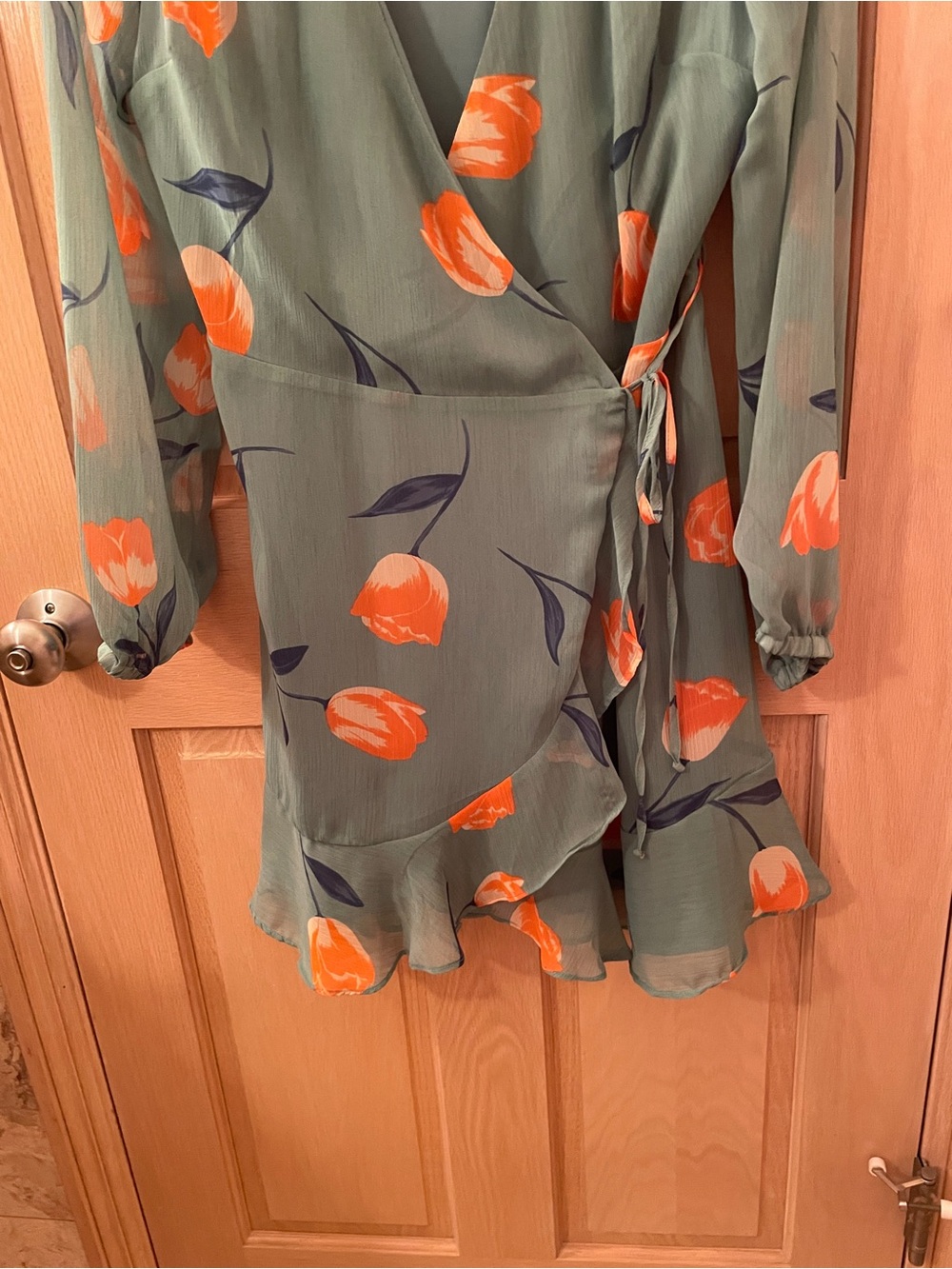 All in Favor Sage Green Wrap Dress with Orange Floral Print - Picture 4 of 10